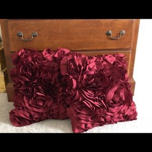 2- Burgundy satin back decorative ruffled pillows